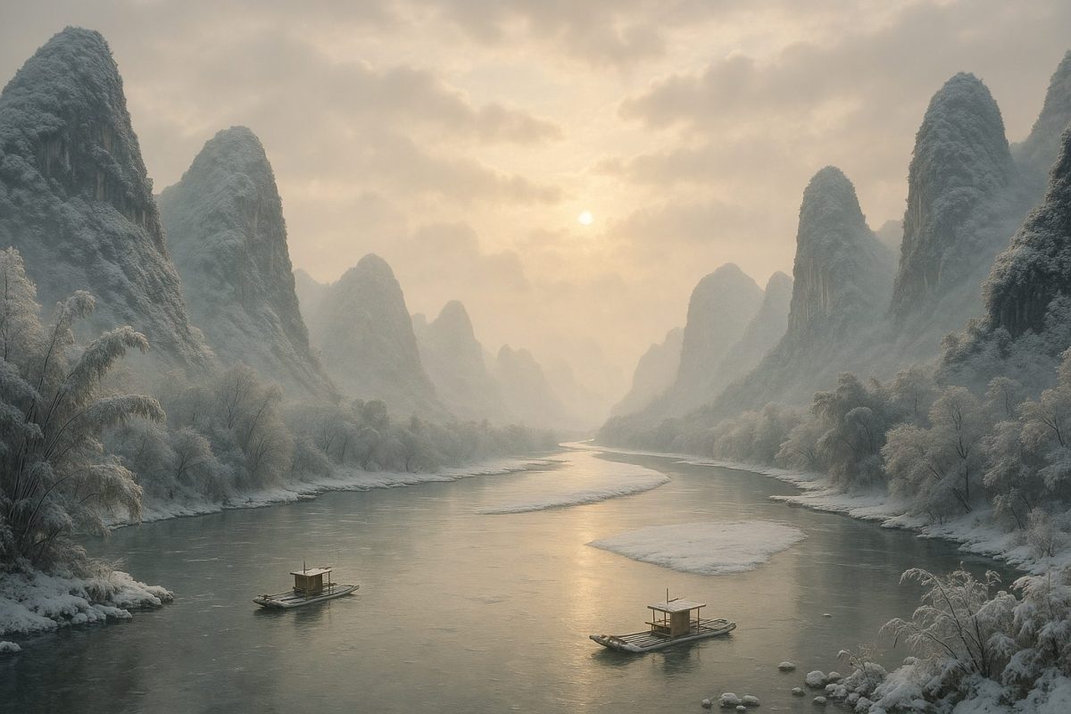 ภาพภูเขาหินปูนปกคลุมหิมะและเรือไม้ล่องบนแม่น้ำลี่เจียงในฤดูหนาว เมืองกุ้ยหลินและหยางซั่ว มณฑลกวางสี ประเทศจีน