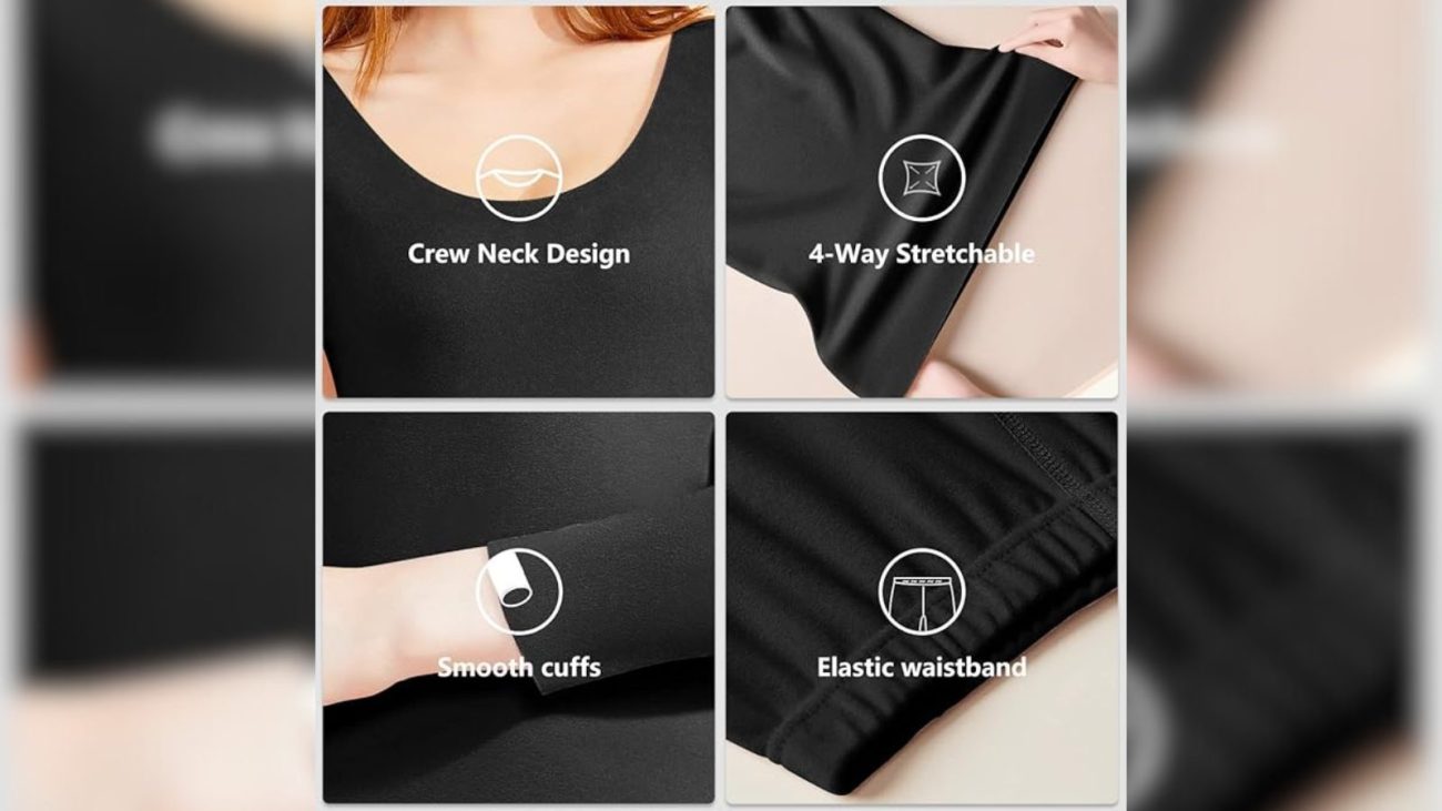 รายละเอียดดีไซน์ลองจอนผู้หญิง เช่น คอเสื้อทรงกลม ยืด 4 ทิศทาง ขอบแขนเรียบ และขอบเอวยางยืด ใส่สบายและไม่โป่งพอง