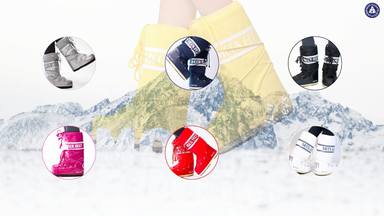 รองเท้า Moon Boot หลากสีวางเรียงในหิมะ พร้อมกราฟิกแสดงสีสันและดีไซน์ต่าง ๆ