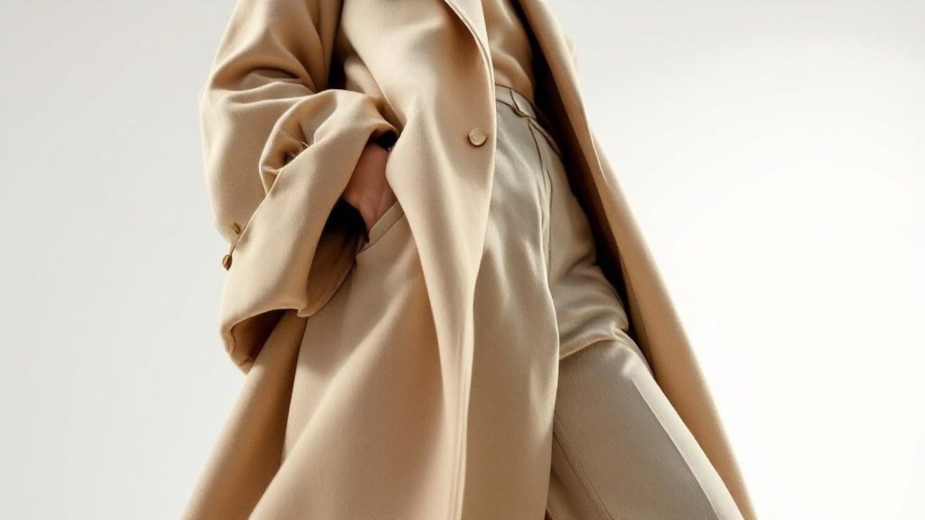 Elegant beige overcoat with padded winter pants