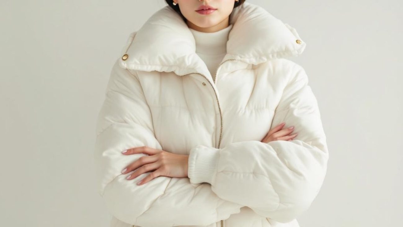 White puffer down coat with high collar