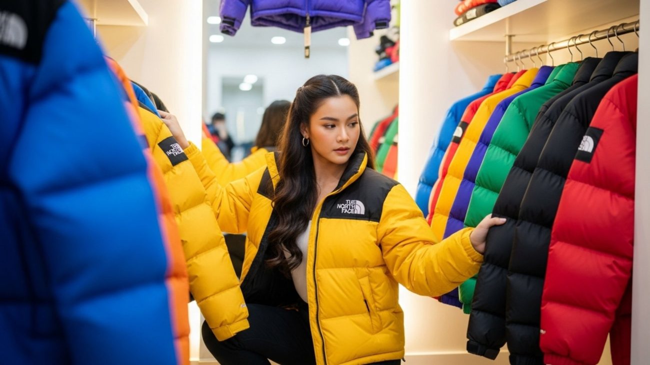 ผู้หญิงกำลังเลือกเสื้อกันหนาวขนเป็ดสีเหลืองในร้าน