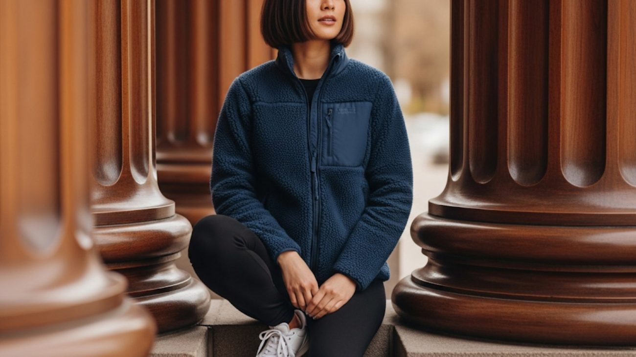 Woman in navy blue fleece jacket sitting on stairs