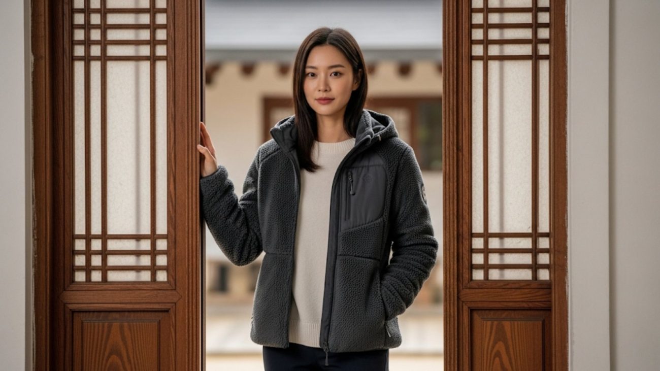 Stylish Asian woman wearing hooded fleece jacket indoors