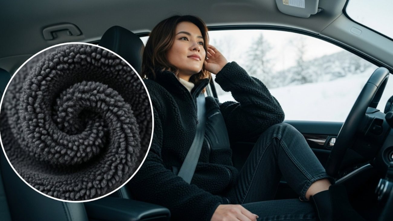 Woman wearing fleece in car, winter scene outside