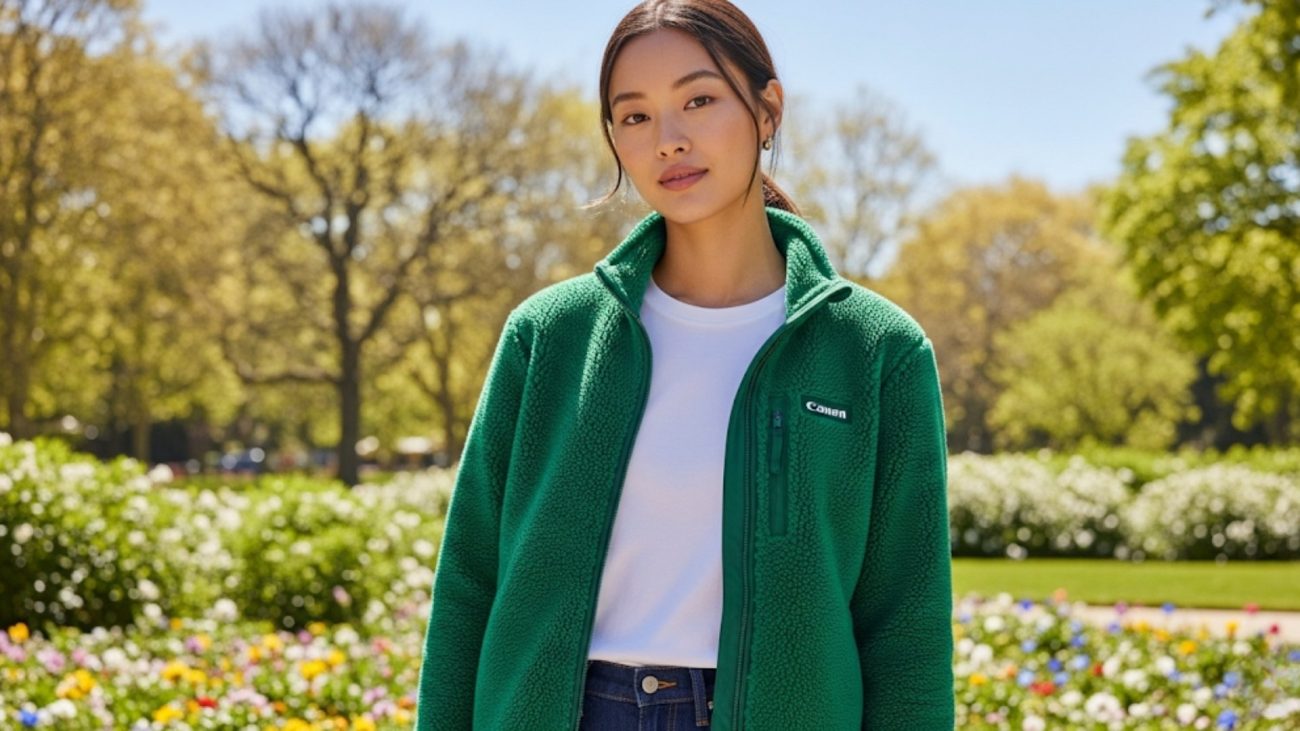 Woman in green fleece jacket in springtime park