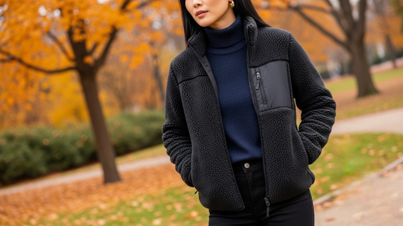 Woman wearing black fleece jacket in autumn park