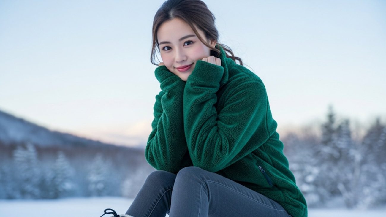 Asian woman in green fleece jacket sitting on snow