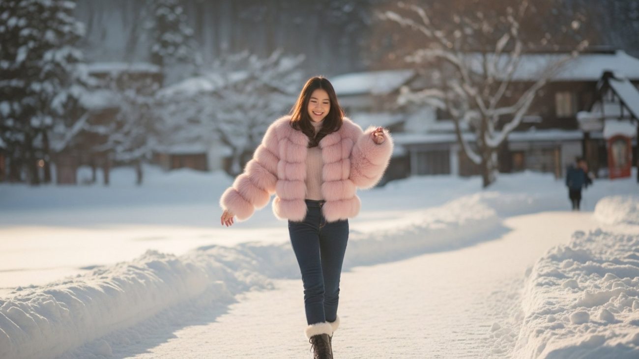 ผู้หญิงใส่เสื้อขนฟูสีชมพูเดินกลางหิมะ ให้ลุคน่ารักอบอุ่น