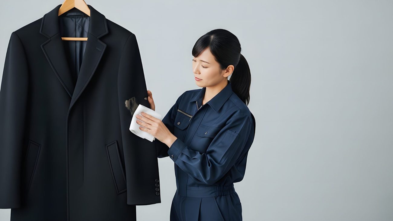 Asian woman cleaning black overcoat with damp cloth