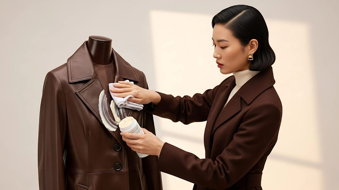 Model applying leather conditioner to brown overcoat