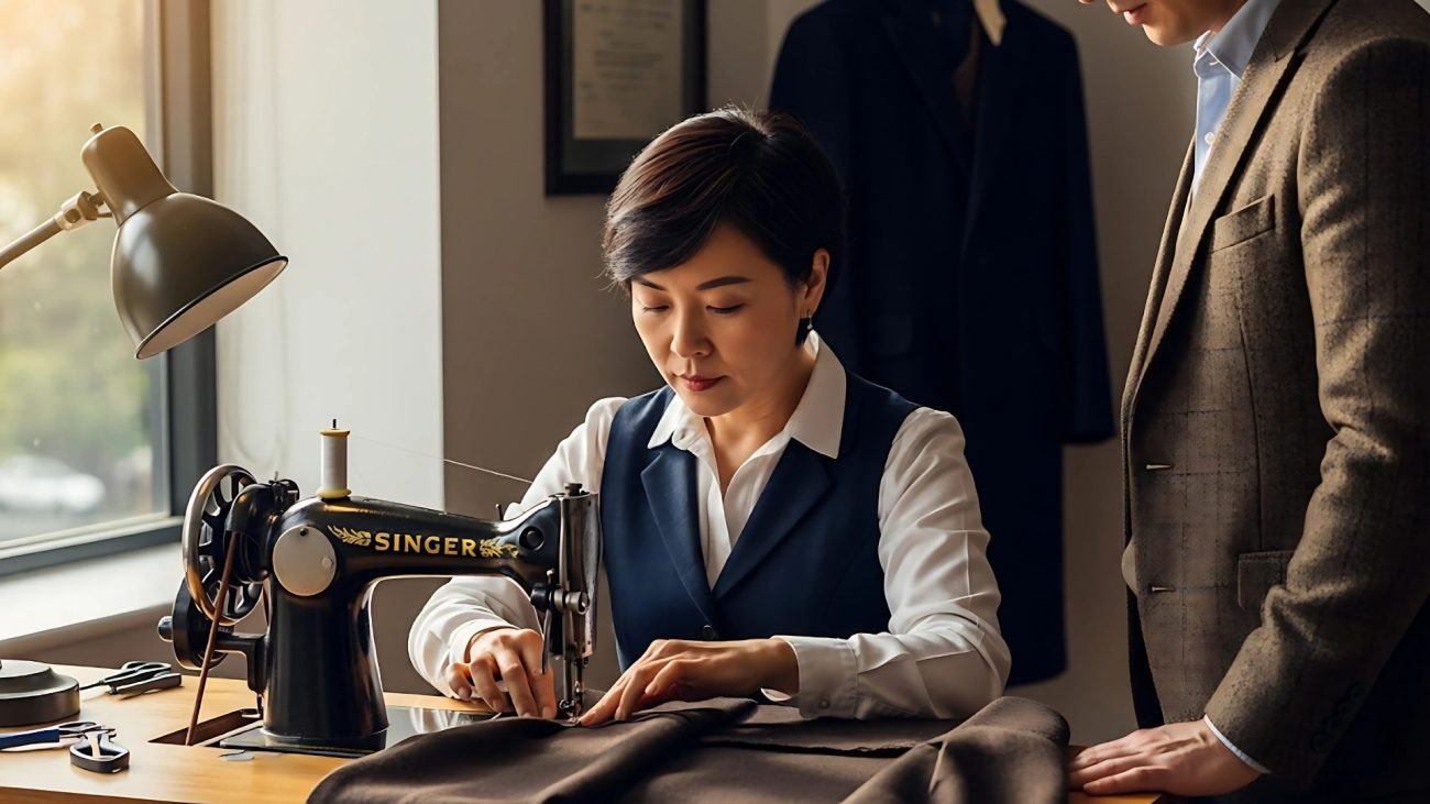 Middle-aged Asian female tailor repairing overcoat on sewing machine