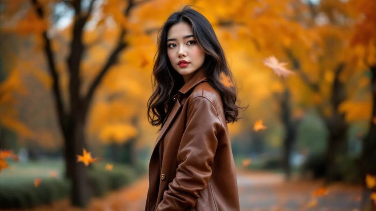 Autumn leather coat outfit with golden foliage