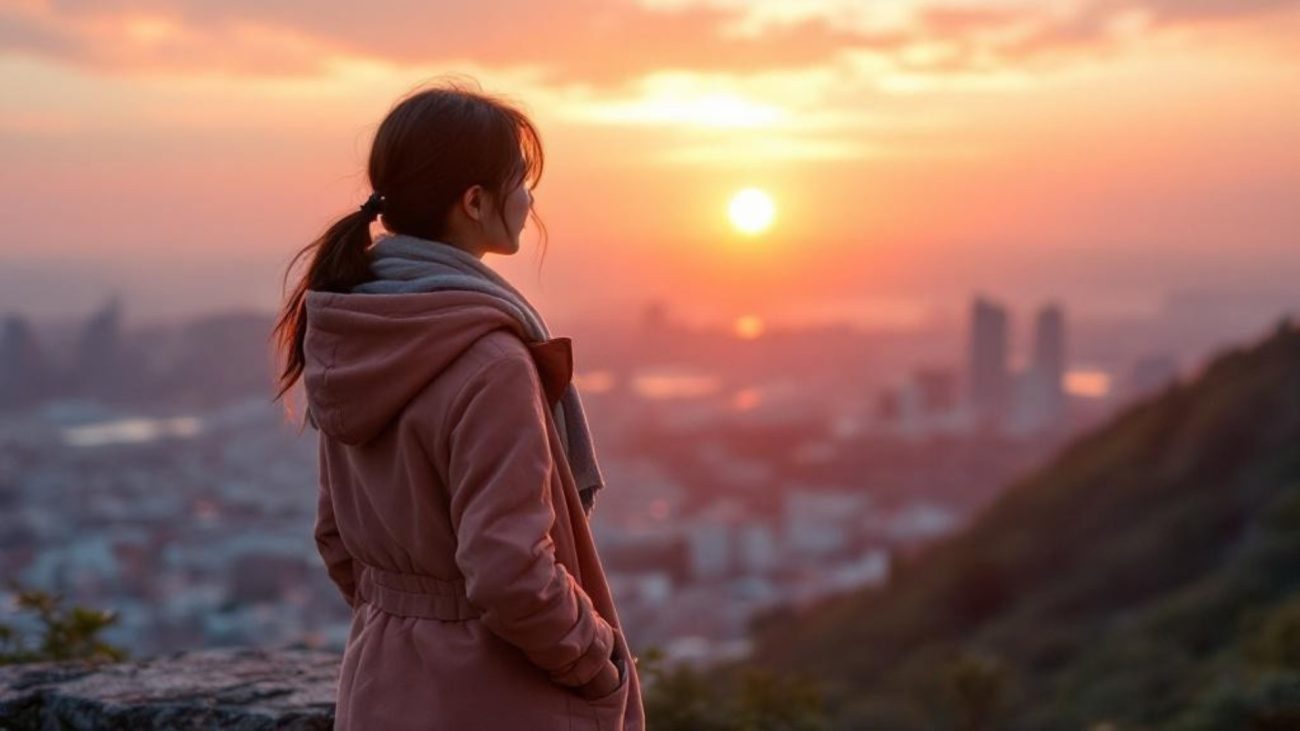 Woman in pink coat watching sunset on mountain
