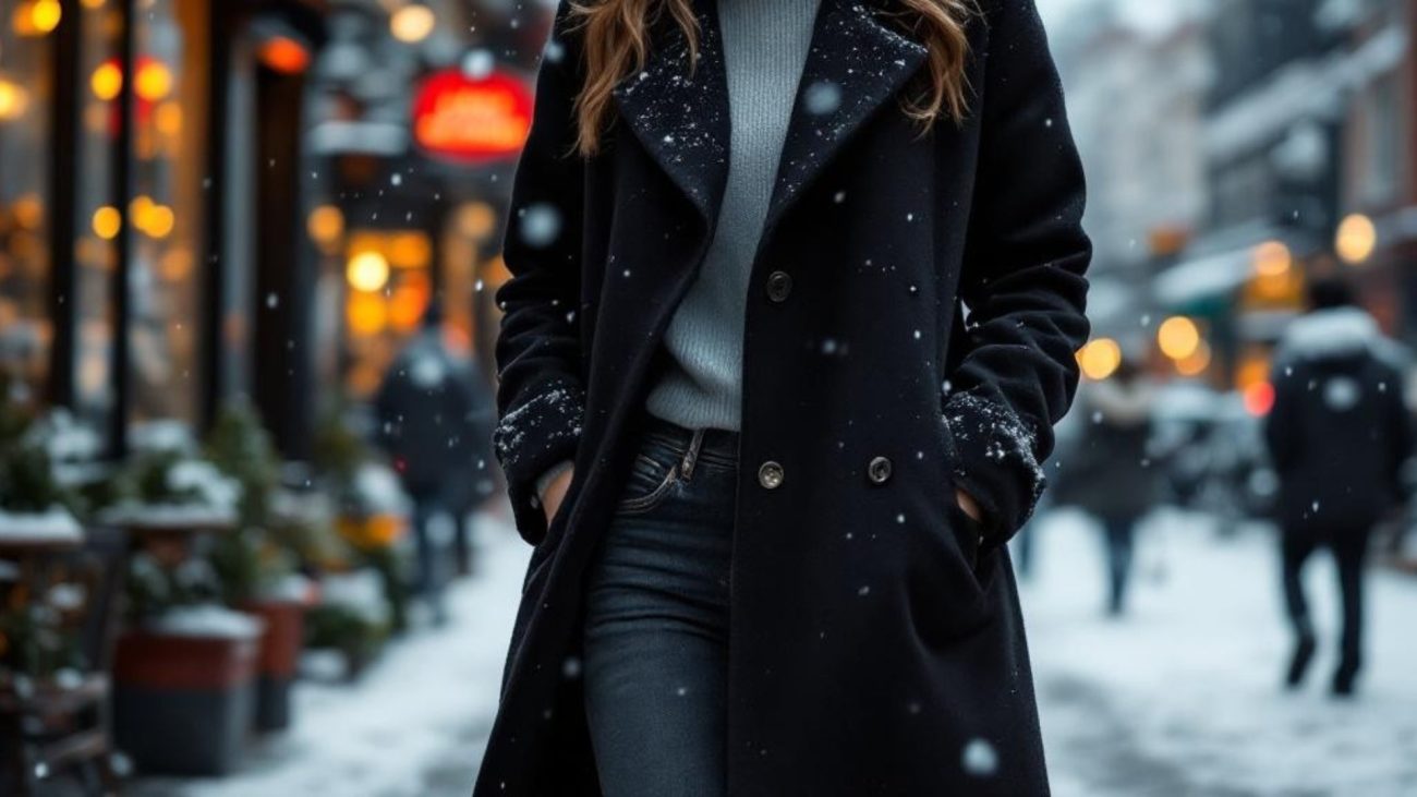 Black coat outfit on snowy night street