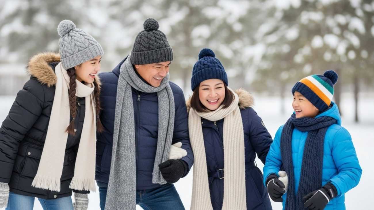 ครอบครัวคนไทยใส่ชุดกันหนาวเต็มยศ พูดคุยสนุกสนานกลางหิมะ