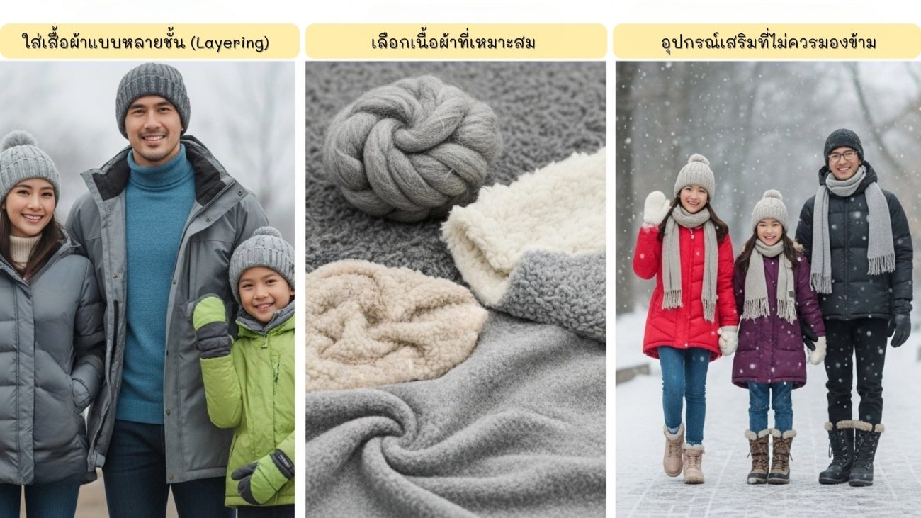 ครอบครัวไทยแต่งตัวหน้าหนาวด้วยวิธีใส่หลายชั้น เลือกเนื้อผ้าที่เหมาะสม และใช้อุปกรณ์เสริมกันหนาว