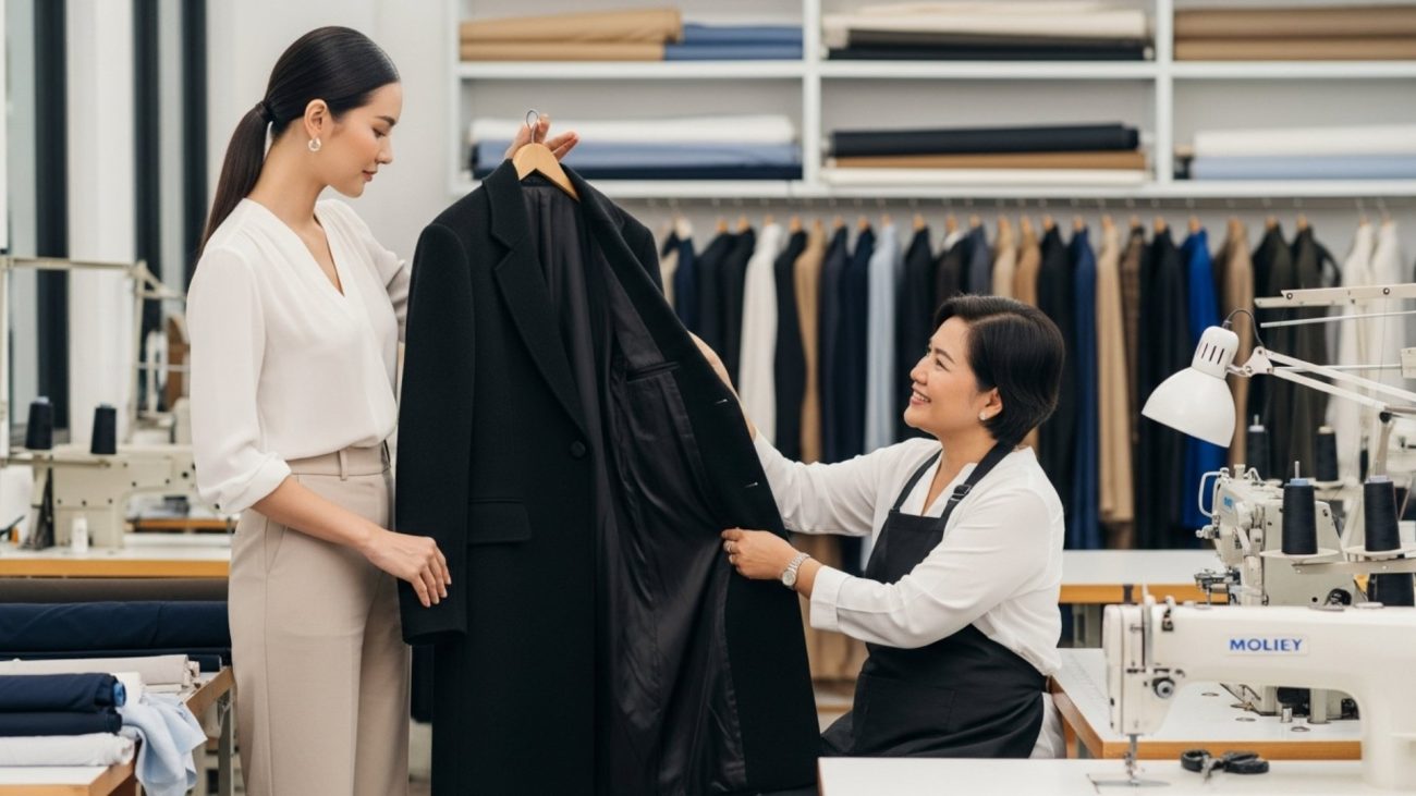 ผู้หญิงไทยส่งเสื้อโค้ทให้ช่างซ่อมมืออาชีพในร้านตัดเย็บ