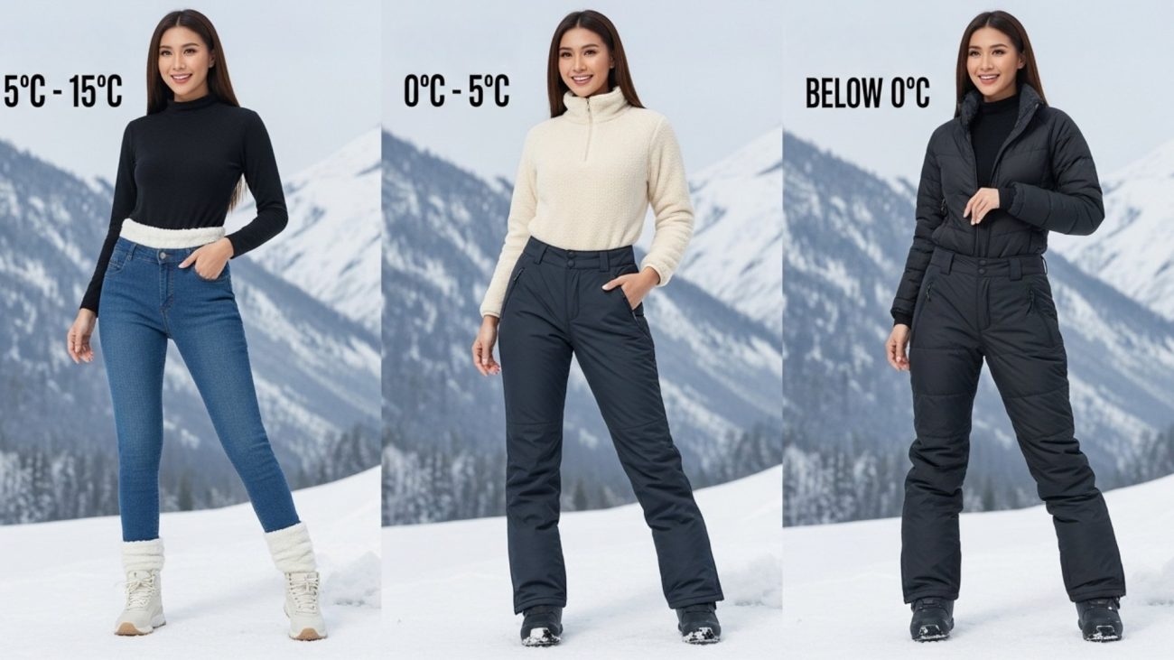 ตัวอย่างกางเกงกันหนาว 3 แบบ สำหรับอุณหภูมิ 5°C, 0°C, และติดลบ