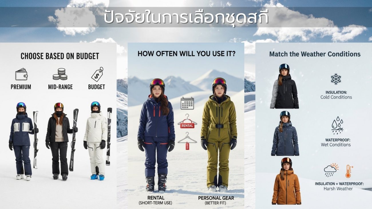อินโฟกราฟิกแสดงปัจจัยในการเลือกชุดสกี: งบประมาณ ความถี่การใช้งาน และระดับความหนาว