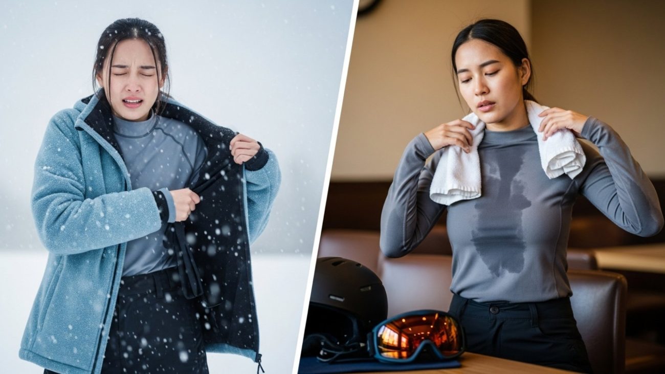 ภาพเปรียบเทียบผู้หญิงคนหนึ่งสวมเสื้อหนา กับอีกคนกำลังเปลี่ยน Base Layer
