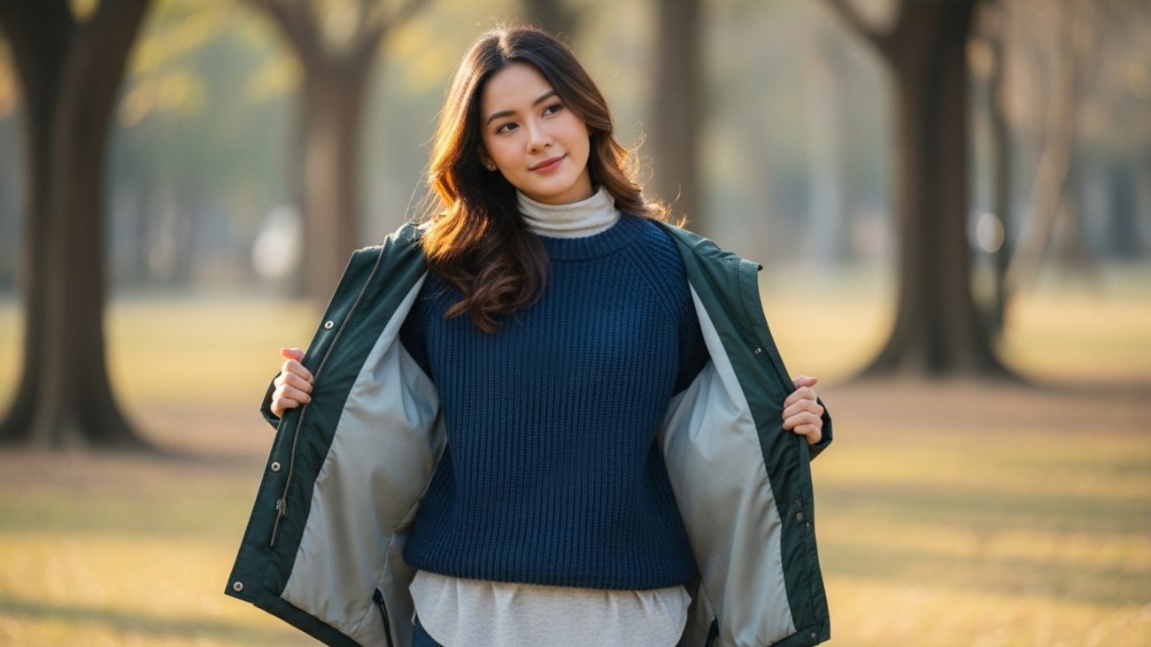 ผู้หญิงเอเชียสวมเสื้อไหมพรมพร้อมแจ็คเก็ตบาง เดินในสวนฤดูใบไม้ร่วง