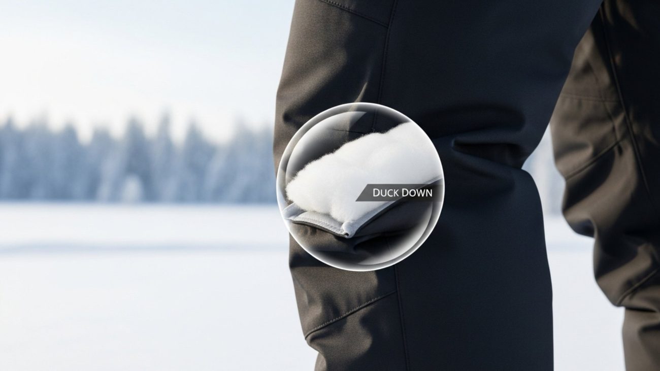 ภาพกางเกงกันหนาวแบบซูมอิน แสดงวัสดุบุด้านในด้วยขนเป็ด (Duck Down)