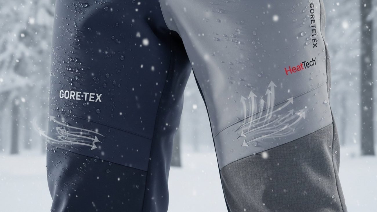กางเกงกันหนาวแสดงคุณสมบัติของ GORE-TEX และ Heattech กันน้ำ กันลม และระบายอากาศ