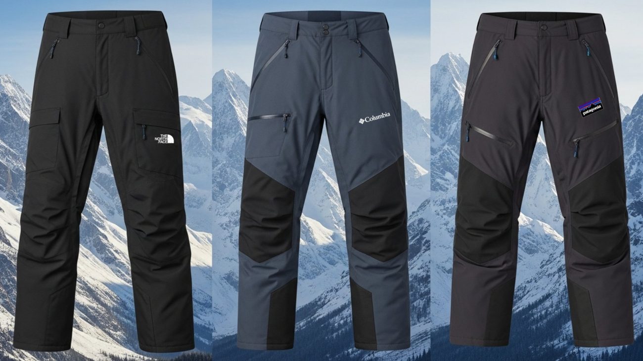 กางเกงกันหนาว ราคาคุณภาพจากแบรนด์ดัง เช่น Patagonia, The North Face, Columbia บนฉากภูเขาหิมะ