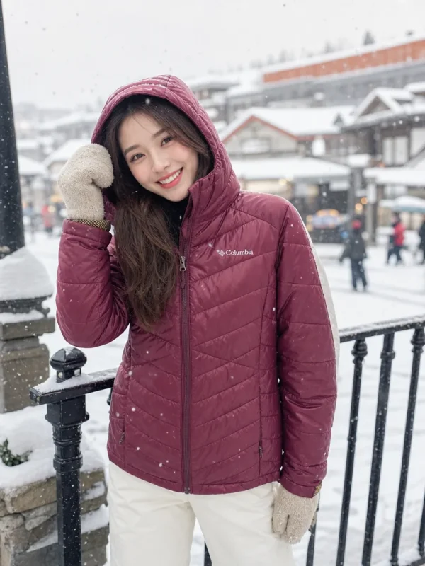 เสื้อแจ็คเก็ตกันหนาวบุนวมสีแดงเบอร์กันดีด้านหน้า มีฮู้ดพร้อมซิปหน้าและโลโก้ Columbia สวมใส่โดยผู้หญิงในบรรยากาศหิมะ