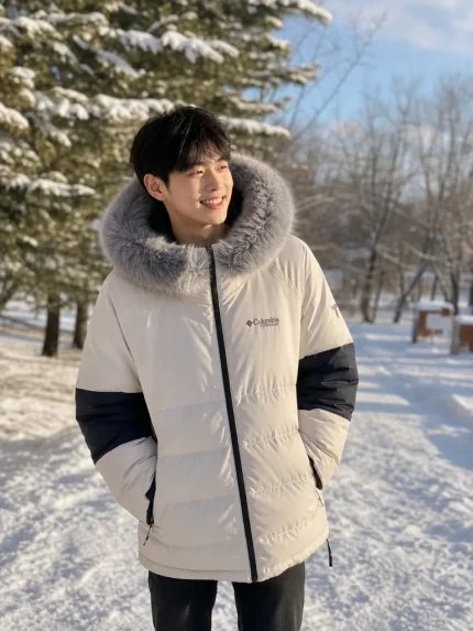 เสื้อแจ็คเก็ตกันหนาวแบบพัฟเฟอร์สำหรับผู้ชาย สีครีมตัดดำ ด้านหน้า มีฮู้ดแต่งขนเฟอร์สีเทา