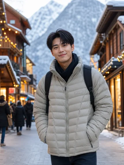 เสื้อแจ็คเก็ตกันหนาวบุนวมสีเบจอ่อนสำหรับผู้ชาย ด้านหน้า มีคอตั้งและซิปหน้า เหมาะสำหรับฤดูหนาว
