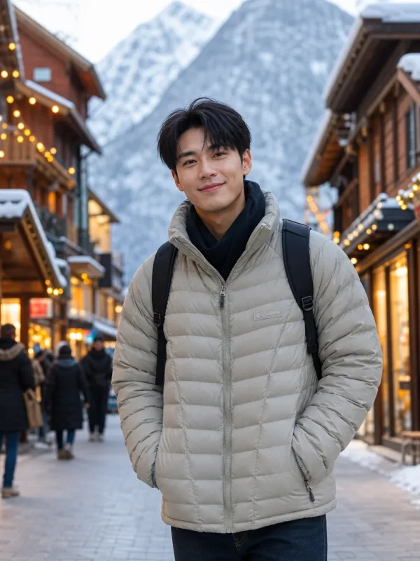 เสื้อแจ็คเก็ตกันหนาวบุนวมสีเบจอ่อนสำหรับผู้ชาย ด้านหน้า มีคอตั้งและซิปหน้า เหมาะสำหรับฤดูหนาว