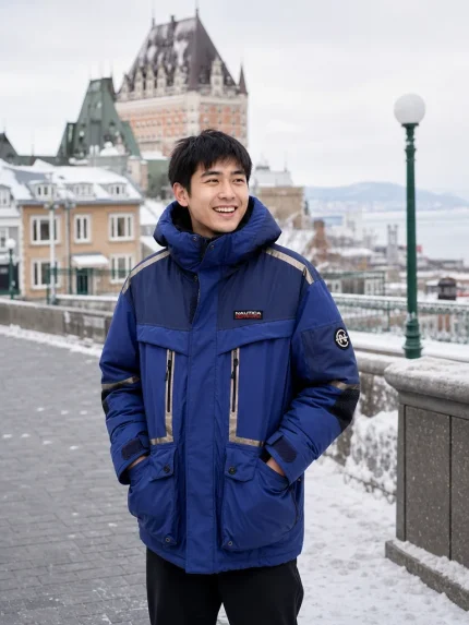 เสื้อแจ็คเก็ตกันหนาว Nautica ผู้ชายสีน้ำเงิน ด้านหน้า มีฮู้ด แขนยาว แต่งแถบสีเบจและกระเป๋าหลายช่อง เหมาะสำหรับหน้าหนาว