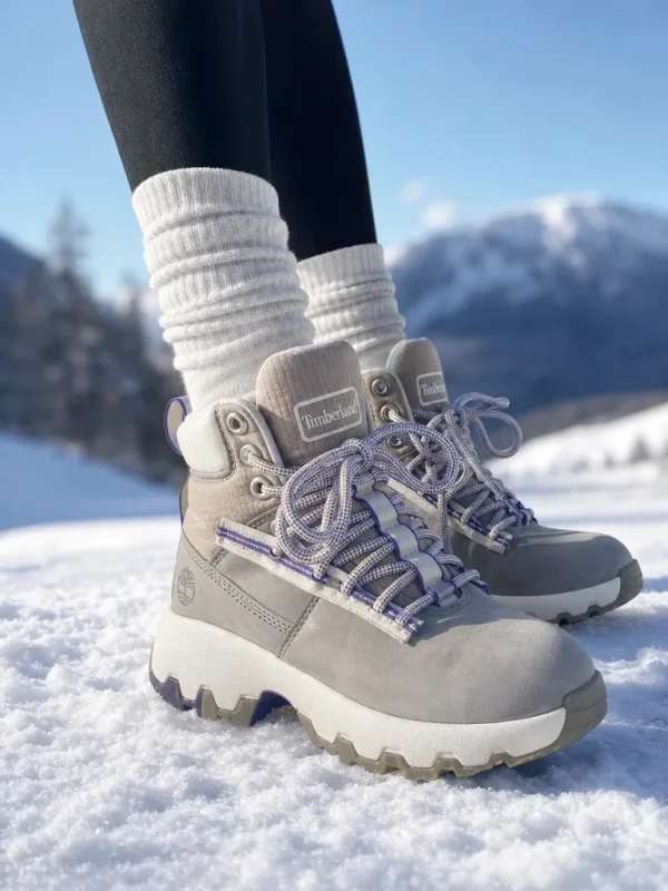 รองเท้าบูทกันหนาวผู้หญิง Timberland สีเทาอมม่วง ด้านหน้า พื้นรองเท้าหนาสีขาว ตัดด้วยเชือกผูกรองเท้าลายม่วงขาว เหมาะสำหรับใส่เดินหิมะ
