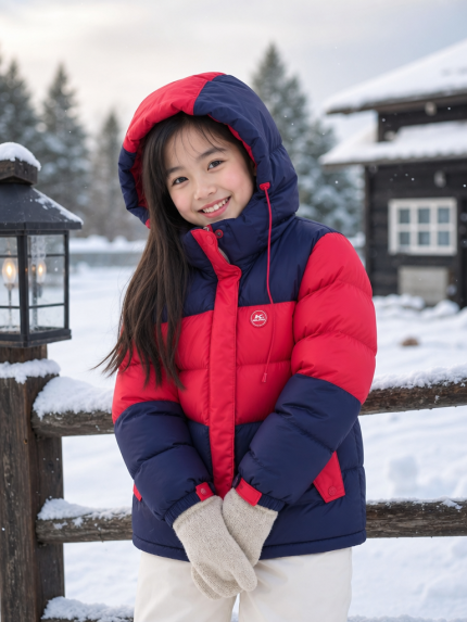 เสื้อแจ็คเก็ตกันหนาวบุนวมสำหรับเด็ก สีแดงน้ำเงิน ทรงพัฟเฟอร์ มีฮู้ด ด้านหน้า
