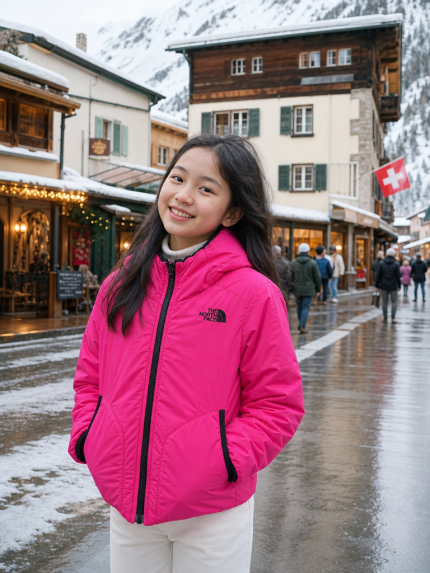เสื้อแจ็คเก็ตกันหนาวเด็ก The North Face สีชมพูบานเย็น ด้านหน้า มีฮู้ด