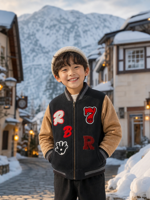 เสื้อแจ็คเก็ตวาร์ซิตี้สำหรับเด็กสีดำ-น้ำตาล ด้านหน้า มีแพทช์ตัวอักษรและตัวเลขประดับ