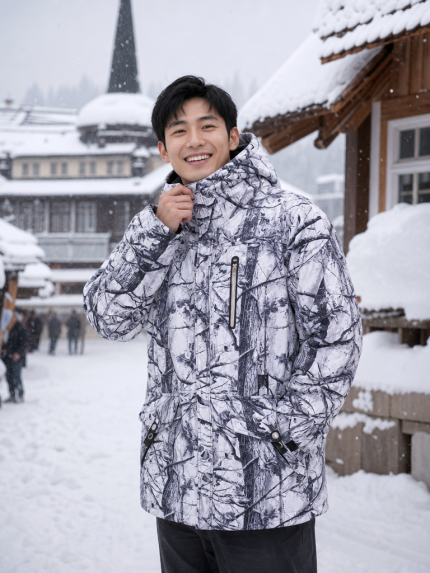 เสื้อแจ็คเก็ตกันหนาวผู้ชาย ลายพรางต้นไม้ขาวดำ มีฮู้ด ด้านหน้า